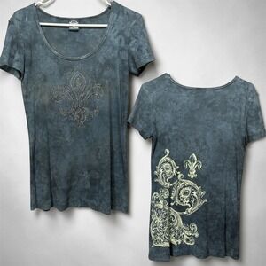 Y2K Sledge USA Fleur De Lis Rhinestone Acid Washed Tee T-Shirt Womens M Navy